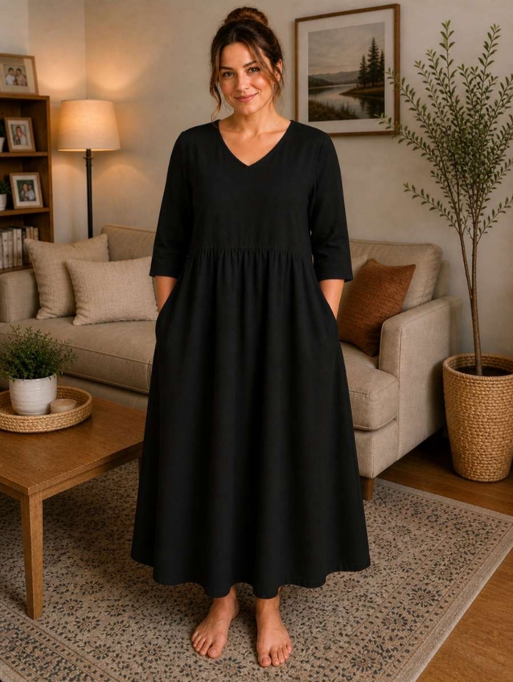 Women's V-Neck Linen-Style Midi Dress in Blue